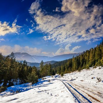 winter mountain landscape. winding road that leads into the pine forest covered with snow. 
