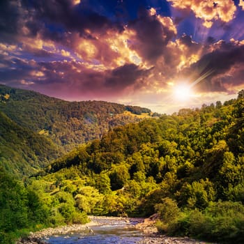 wild river flowing between green mountains on a hott summer sunset