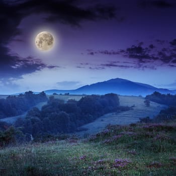 cold morning fog with red hot sunrise in the mountains in moon light