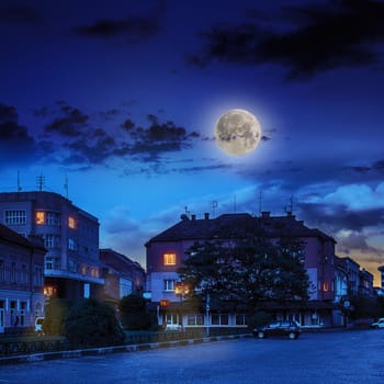 area of ​​the old city near the park wrapped by cobbled street at night in moon light