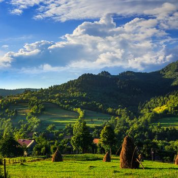 Stack of hay on a green meadow in the mountains in the morning under a blue summer sky