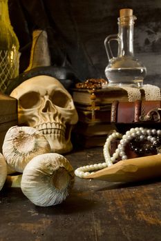 Gothic still life with skull and garlic