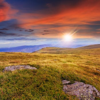 mountain landscape. valley with stones on the hillside. forest on the mountain under the beam of light falls on a clearing at the top of the hill at sunset