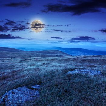 mountain landscape. valley with stones on the hillside. forest on the mountain under the beam of light falls on a clearing at the top of the hill at night in moon light