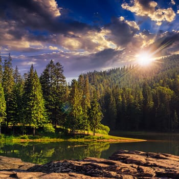 view on lake near the pine forest  on mountain background from rocky shore at sunset