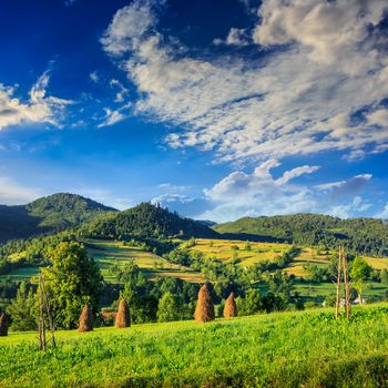 Stack of hay on a green meadow in the mountains in the morning under a blue summer sky