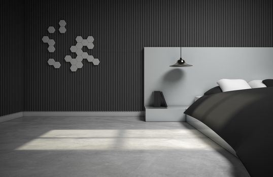 monotone bedroom design with 3d wall. 3d rendering