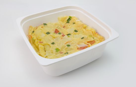 instant meal omelette with rice isolated on white