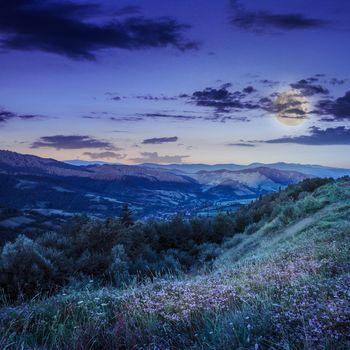 summer landscape. village on the hillside. forest on the mountain light fall on clearing on mountains at night in moon light