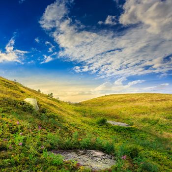 mountain landscape. valley with stones on the hillside. forest on the mountain.