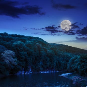 calm river flowing between green mountains on a dark summer night in moon light