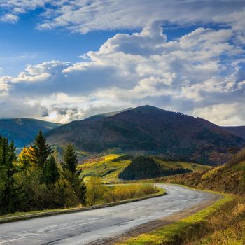 asphalt road going off into the mountain passes through the green shaded forest near rural places