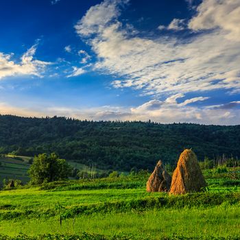 Stack of hay on a green meadow in the mountains under a cloudy summer sky at sunrise