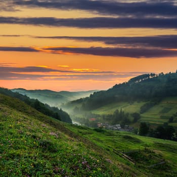 cold morning fog on a hillside meadow near mountain village at morning time