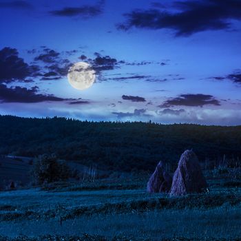 Stack of hay on a green meadow in the mountains under a cloudy summer sky at night in moon light