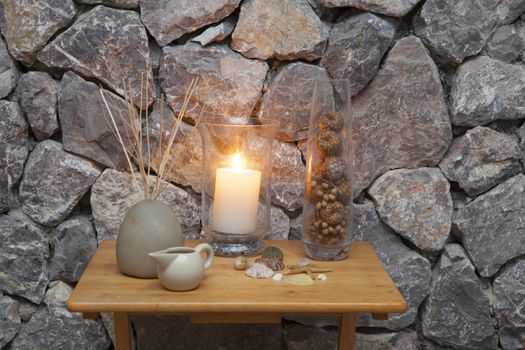 Interior of modern massage room in candle light, Romantic Spa Room.