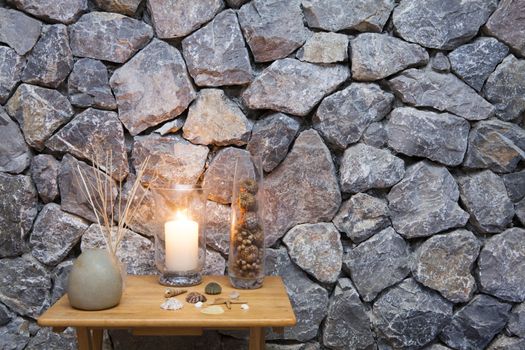 Interior of modern massage room in candle light, Romantic Spa Room.