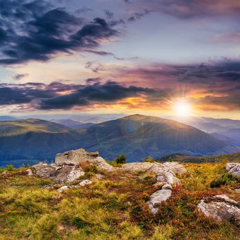 white sharp stones on the hillside at sunset