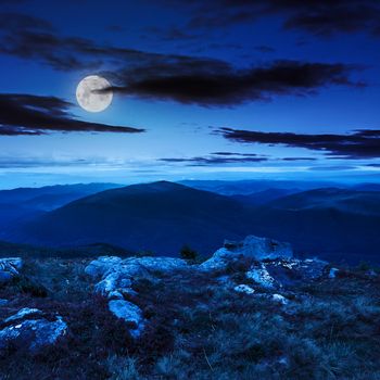 white sharp stones on the hillside at night in moon light