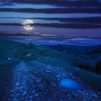 summer landscape. fence near the meadow path on the hillside. forest in fog on the mountain at night in moon light