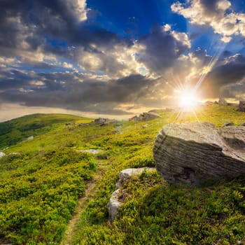 white sharp stones on the hillside at sunset