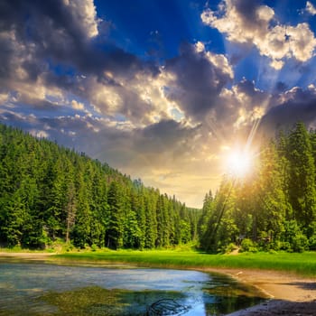 view on lake near the pine forest on mountain background at sunset