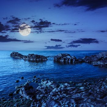 calm sea wave wash the boulders and brings seaweed at night in moon light