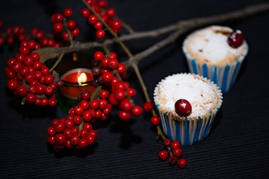 candle,ashberry and Capcake on the black backgraund