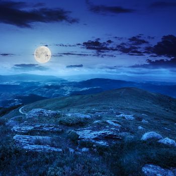 mountain landscape. valley with stones on the hillside. forest on the mountain under the beam of light falls on a clearing at the top of the hill at night in moon light