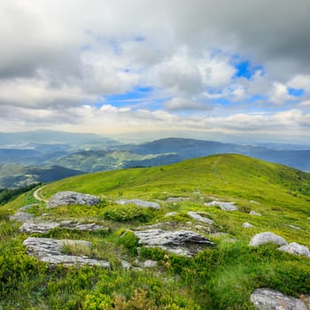 mountain landscape. valley with stones on the hillside. forest on the mountain under the beam of light falls on a clearing at the top of the hill.