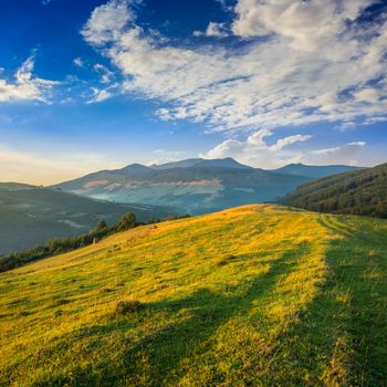 few haystacks behind wooden fence and some trees on a green meadow on hillside between mountain early morning