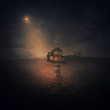 Surreal and spooky background as a young boy following the pathway, along the cracked desert ground, going to a wood house below the night sky moonlight.