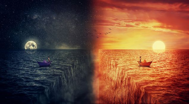 Conceptual view of two worlds collide, as a lost man, in a paper boat, sailing in the middle of the ocean try to find himself in a another world, alternate reality. Parallel universe, multiverse fiction theory. Adventure and journey concept.
