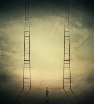 Surrealistic concept as a man standing in a foggy street looking at two stairways, thinking which to climb, choosing the correct way up. Different life opportunities, best choice for career development.