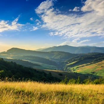 summer landscape. village on the hillside. forest on the mountain light fall on clearing on mountains