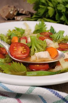 Vegetable soup with chicken, green beans, broccoli