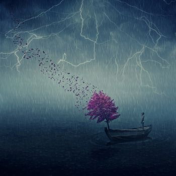 Surrealistic image as lonely boy floating in a wooden boat with a purple tree that cast its leaves in the wind. Lost in the middle of the sea, below the falling rain, journey and discovery.