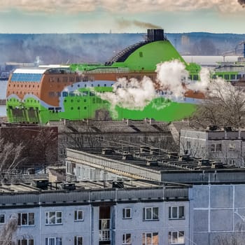 Green cruise liner. Passenger ferry sailing past the Riga city