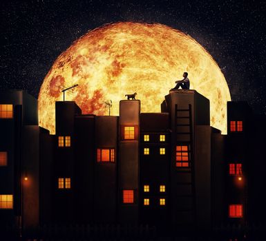 Boy with a cat sitting on the rooftop of a magic city with houses made of books. Tale night scene with a giant full moon in a fantasy town.
