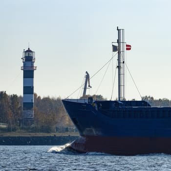 Blue cargo ship sailing from the Baltic sea