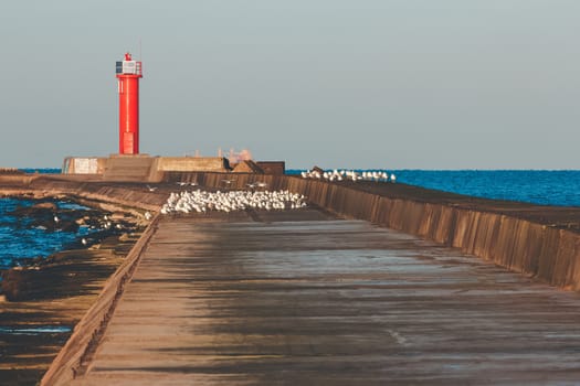 Red lighthouse on breakwater jetty at Baltic sea