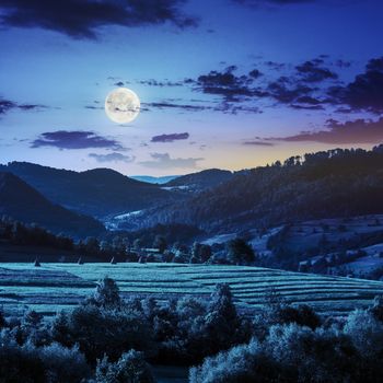 Summer land scape . Stack of hay on a green meadow in the mountains at night in full moon light