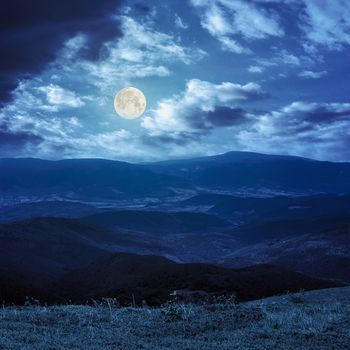 wild grass on hillside at the top of the mountain range  at night in full moon light
