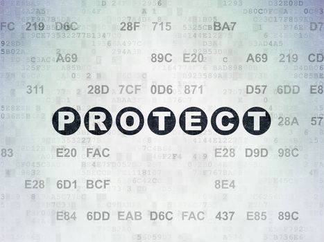 Protection concept: Painted black text Protect on Digital Data Paper background with Hexadecimal Code