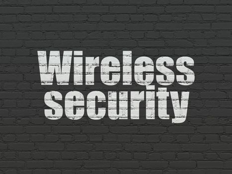 Safety concept: Painted white text Wireless Security on Black Brick wall background