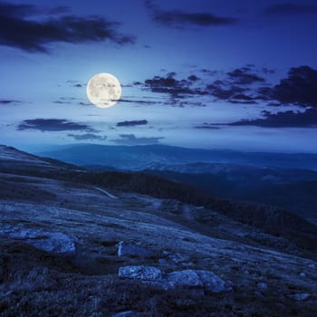 mountain landscape. valley with stones on the hillside. forest on the mountain under the full moon  light falls on a clearing at the top of the hill at night