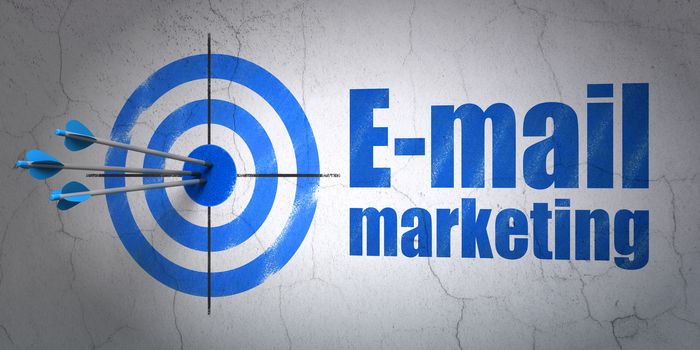 Success marketing concept: arrows hitting the center of target, Blue E-mail Marketing on wall background, 3D rendering