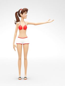 3D Rendered Animated Character in Casual Two-Piece Swimsuit Bikini, Isolated on White Spotlight Background
