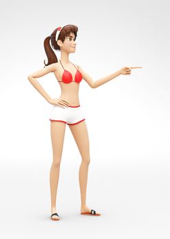 3D Rendered Animated Character in Casual Two-Piece Swimsuit Bikini, Isolated on White Spotlight Background
