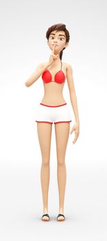 3D Rendered Animated Character in Casual Two-Piece Swimsuit Bikini, Isolated on White Spotlight Background
